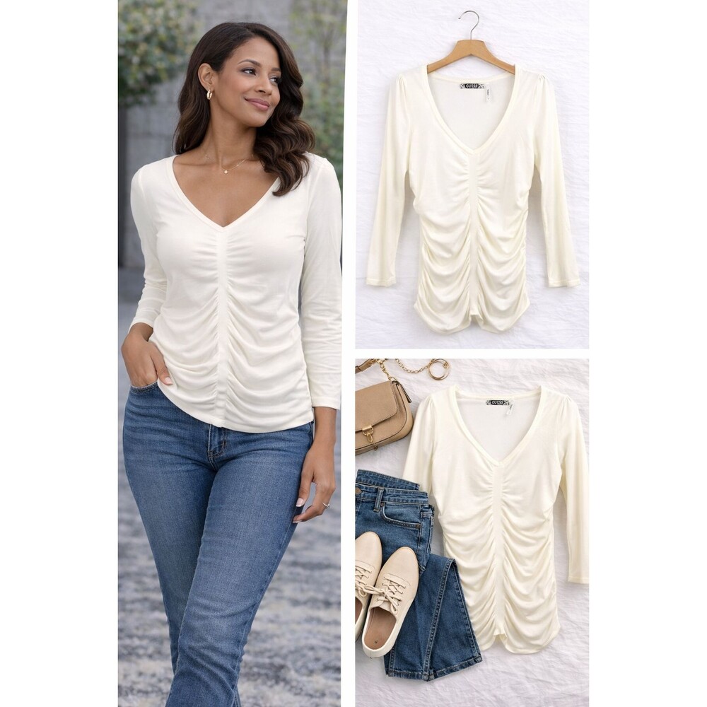 Guess Ruched Sweater Knit Top Medium Ivory Thin Knit